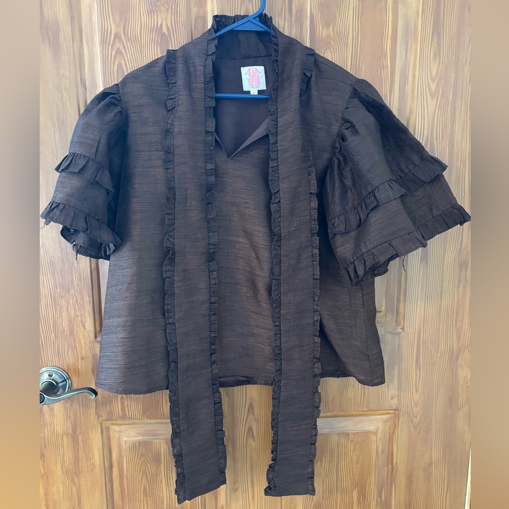 Elizabeth Wilson Designs: Textured Brown Ruffle Sleeve Blouse